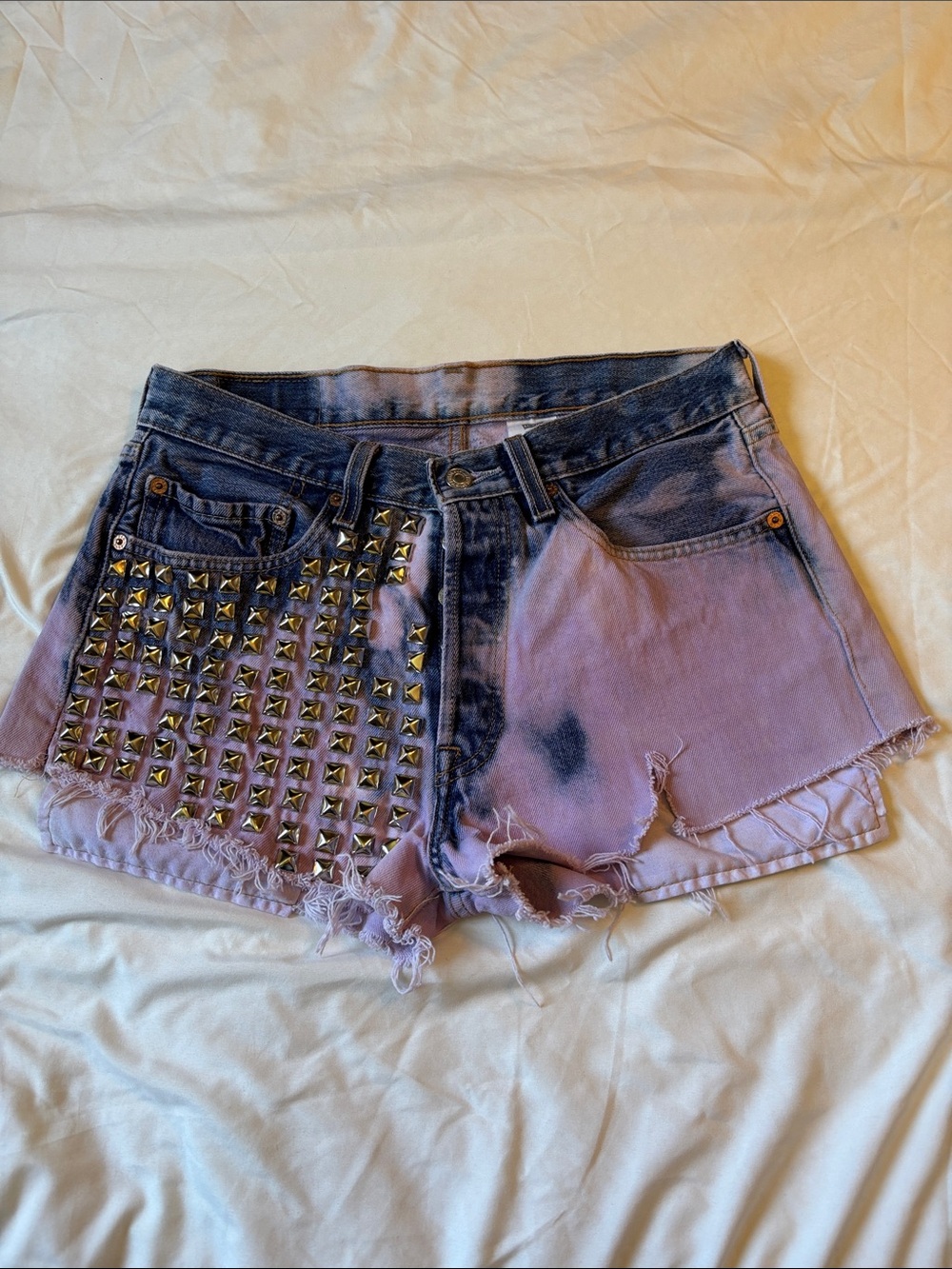 Levi's Lavender Tie-Dye Studded Distressed Jean Shorts